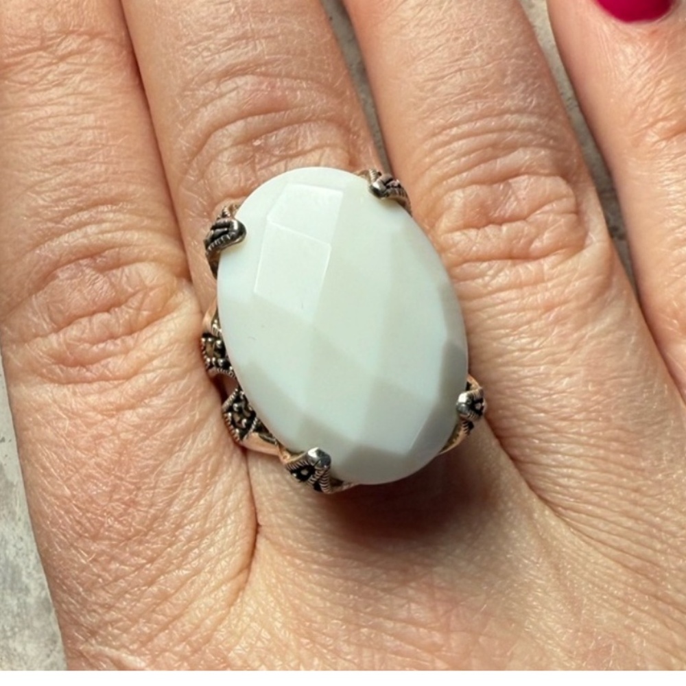 Vintage Sterling Silver Marcasite & White Faceted Stone Statement Ring – Size 9